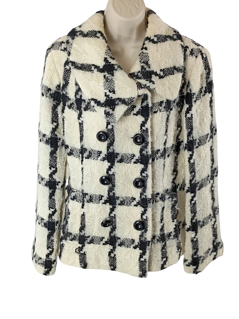 White House Black Market Black & White Checked Fuzzy Textured Pea Coat